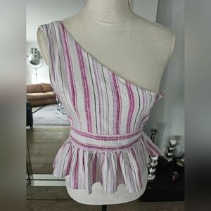 Mi Ami Womens One Shoulder Top Small Pink Stripe Linen Blend Peplum Blouse